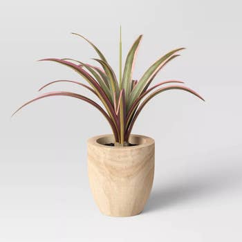 Artificial green and red spike leaf plant in a wooden planter on a white background