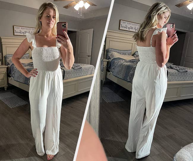 Two images of reviewer wearing white jumpsuit