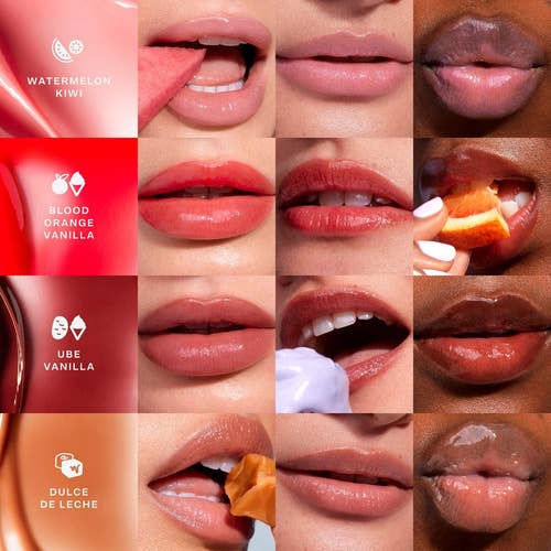 Close-up collage of lips with different flavored lip balms applied, including Watermelon Kiwi and Blood Orange Vanilla