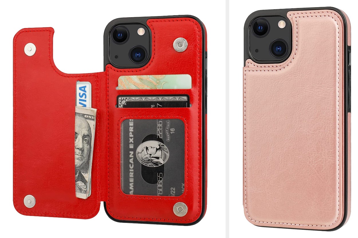 Red leather wallet case with wallet open and side pocket with two card slots, product in pink with wallet portion magnetically closed on a white background