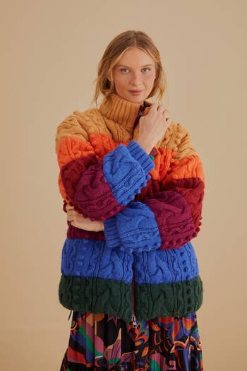 the jacket flipped to the side: a striped knit pattern