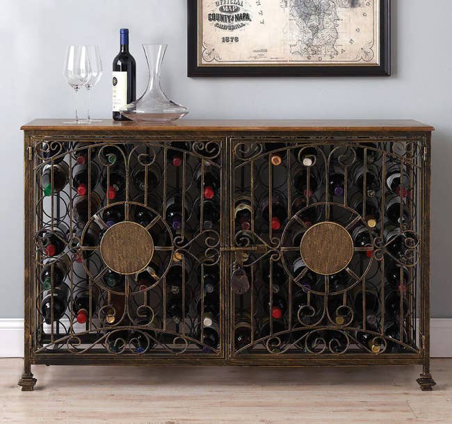 Image of brown wine rack console with bottles inside