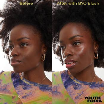 a model's before and after photo with and without the blush on