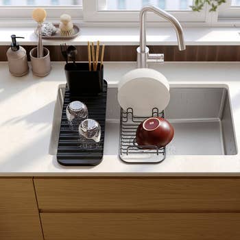 Kitchen sink area with a modern dish rack holding plates and cups. Countertop features a soap dispenser and plant, creating a neat, organized space