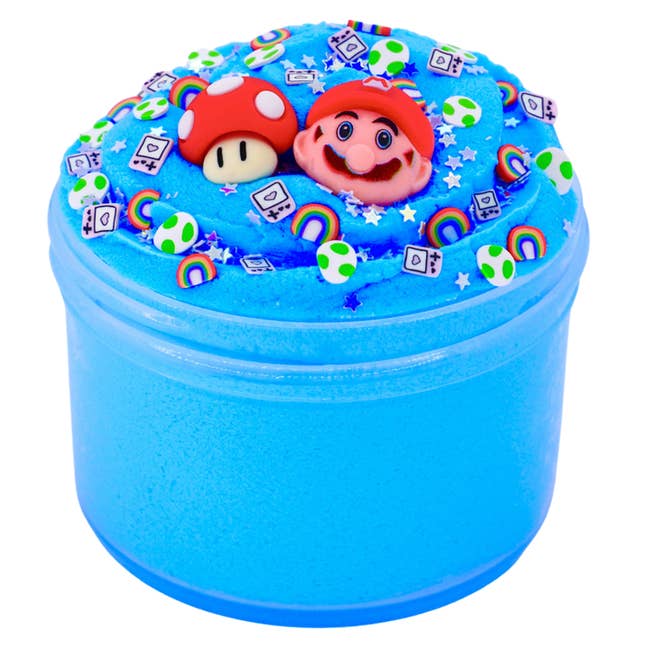 a blue slime with mario inspired pieces in it