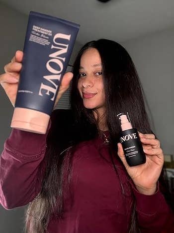 A idiosyncratic   holds and displays 2  skincare products from the marque  UNOVE, suggesting a quality   oregon  skincare buying  context