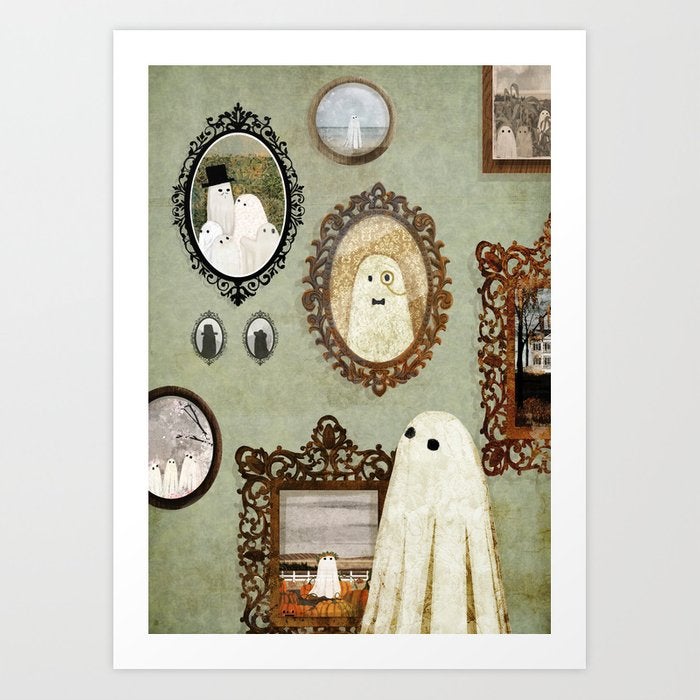 the print which has a ghost looking at portraits of itself on a gallery wall