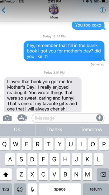 screenshot of a text from buzzfeed editor samantha wieder's mom on how much she loved getting the book as a gift