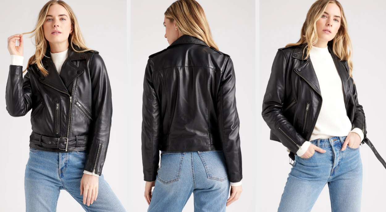 Three images of a model wearing the black jacket