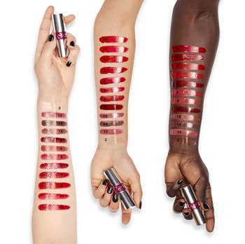 models showing what the various shades look like on three different skin tones