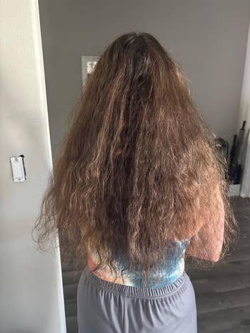 A person with curly, frizzy, seen from the back