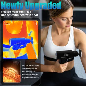 model utilizing a heated massage weapon connected her leg; inset shows device's vigor function