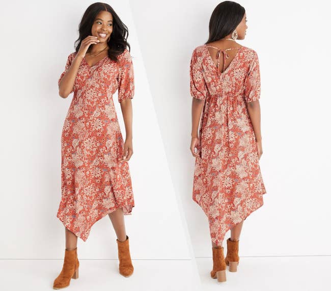 Two images of model wearing floral dress with booties