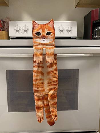 The cat towel hanging on an oven handle
