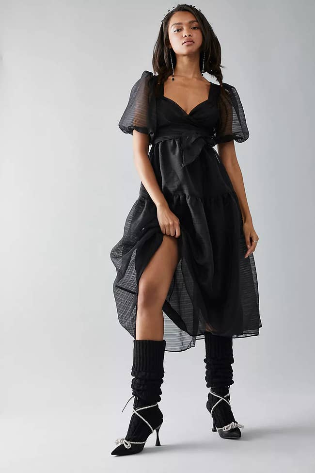 puff sleeve dress with mesh detail