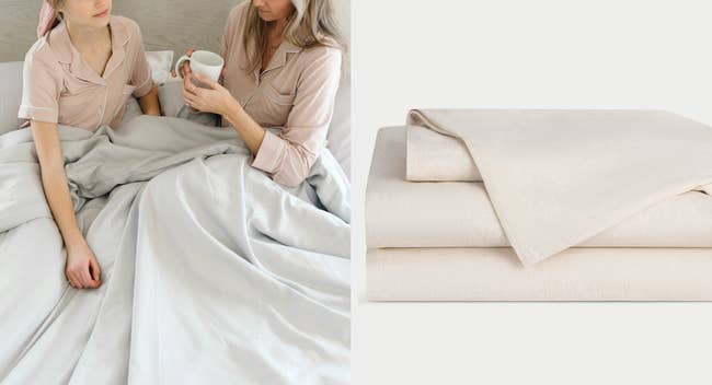 Two images of ivory and beige bedsheets