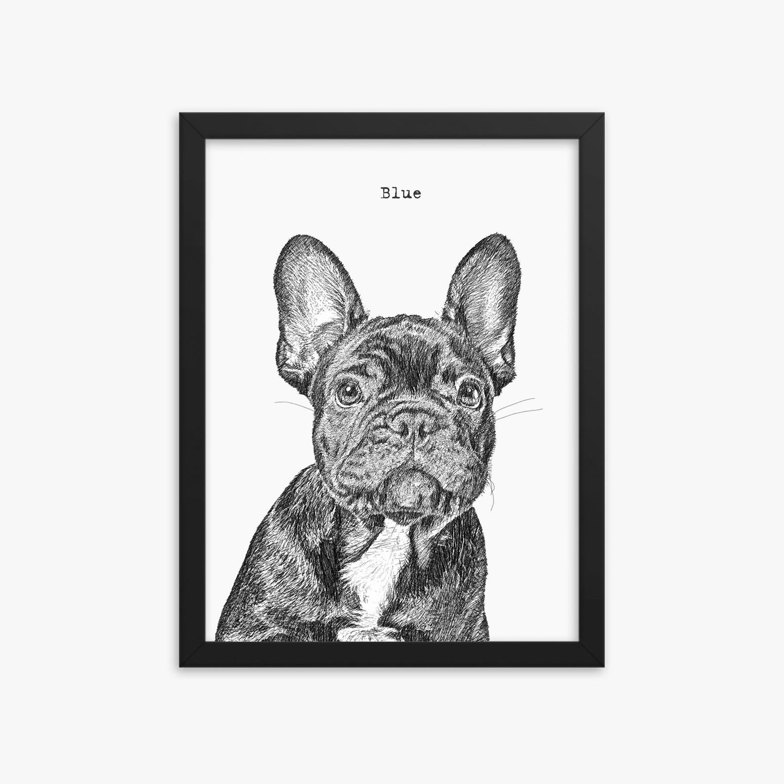 A black and white sketch of a dog with the name