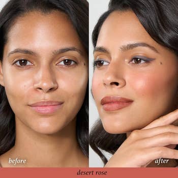 before and after of model without and with desert rose blush