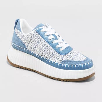 blue denim and white tweed platform sneakers