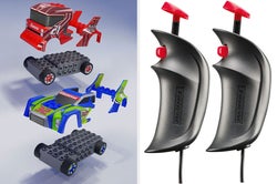 Split image of two colorful racing cars made from building blocks and two, black handheld controllers