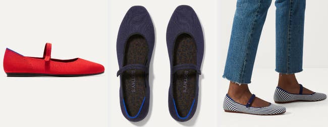 Three images of red, navy, and striped shoes