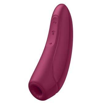 Red suction vibrator from front displaying clitoral mouth and buttons