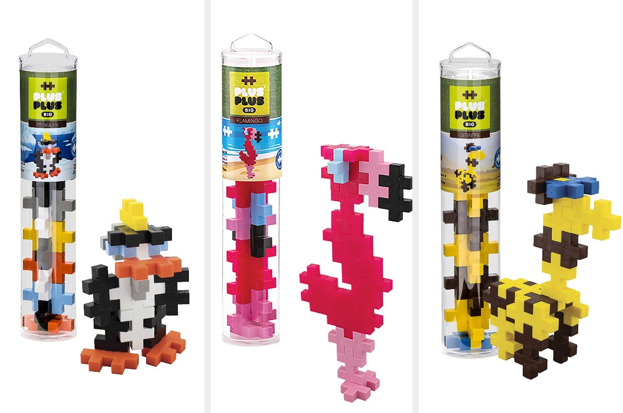 A triptych image of PlusPlus penguin, flamingo, and giraffe sets