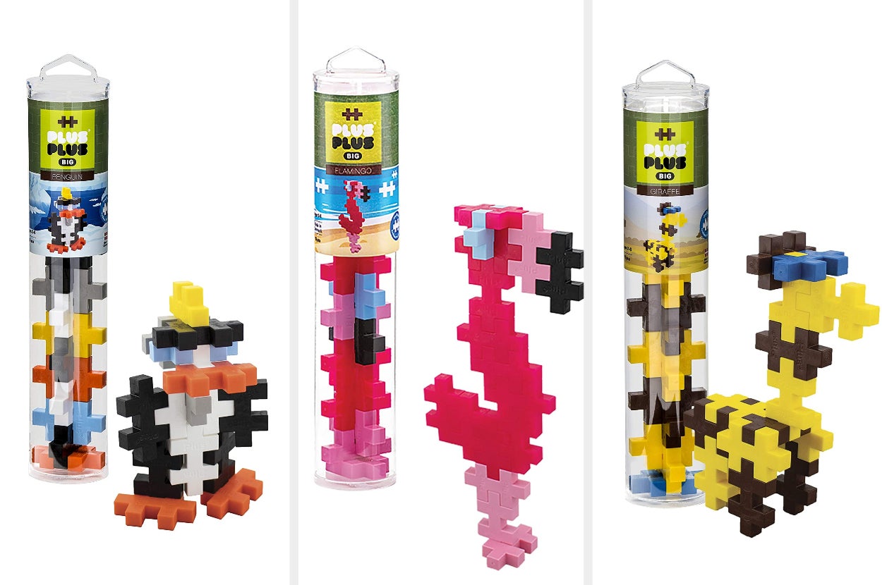 presents 3 year olds A triptych image of PlusPlus penguin, flamingo, and giraffe sets