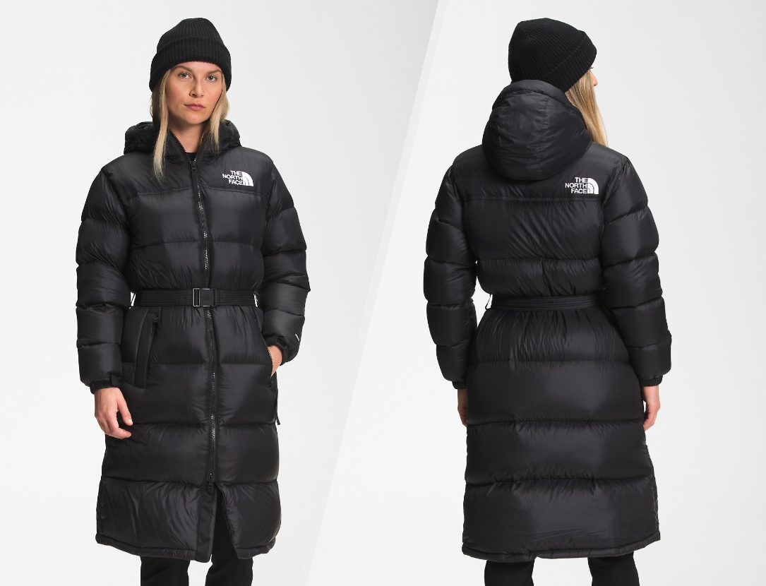 two images of a model wearing the black jacket