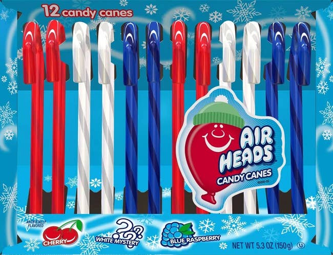 red, blue, and white candy canes in blue Airhead packaging