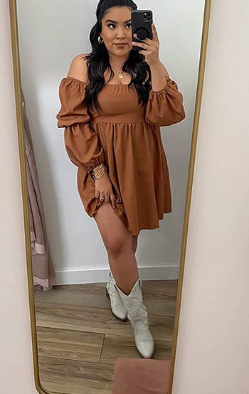 another reviewer wearing the brown dress with white cowboy boots