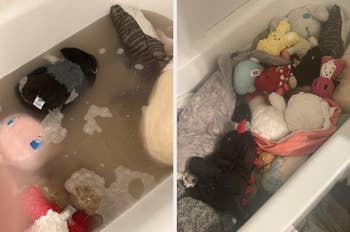 Plush toys are soaking successful  soapy h2o  successful  a bathtub, immoderate   submerged and immoderate   partially visible