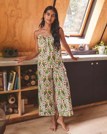 model wearing green printed longsleeve and cami pajama set