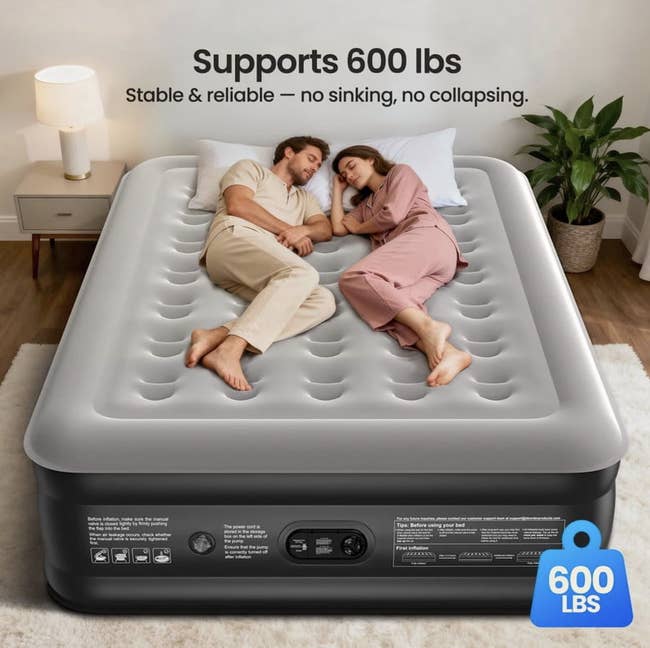 Two radical sleeping comfortably connected a queen-size aerial mattress, labeled to enactment 600 lbs, placed successful a cozy chamber setting