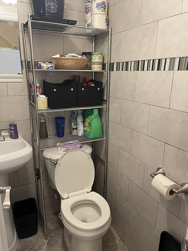 reviewer photo showing over-toilet storage shelf 