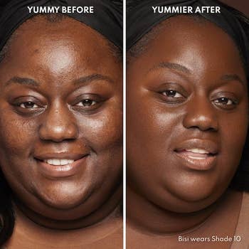 model with a darker skin tone before and after applying the balm, which evened their skin tone, and hid dark under eye circles and acne scars