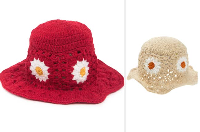 Red floral crochet bucket hat on a white background, product in tan, white and orange