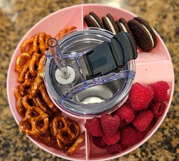 reviewer's bowl in pink with a bird's eye view showing four sections for different snacks 