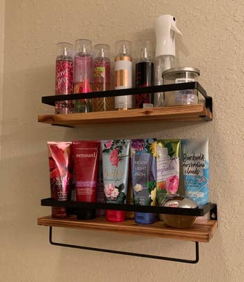 another reviewer's light brown shelves holding various lotions and perfumes