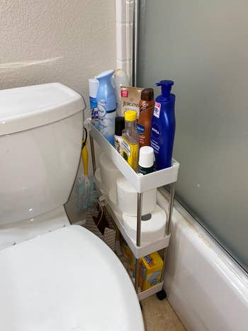 Bathroom country   retention  rack holding assorted  toiletries and cleaning products, including lotions, shampoo, and aerial  freshener, adjacent  to a toilet