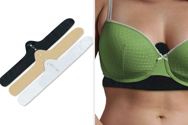 Three sweat-absorbing pads in different shades and a model wearing one under a green bra to prevent sweat marks