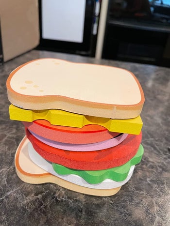 reviewer image of the sandwich ingredient coasters stacked to look like a complete sandwich