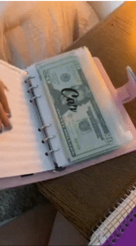 A reviewer flipping through planning pages and cash pockets 