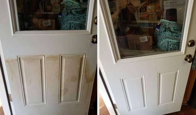 A reviewer's white door with brown stains all over the lower half / same door without any stains