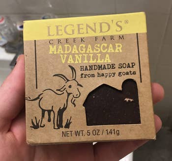 Reviewer holding the brown soap in its packaging 