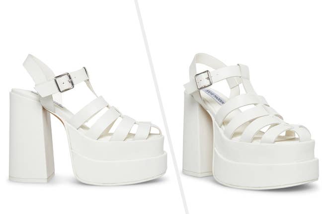 Two images of white platform shoes