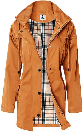 an orange jacket with a plaid interior