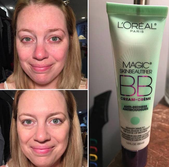 reviewer photo showing their face before and after using the green BB cream