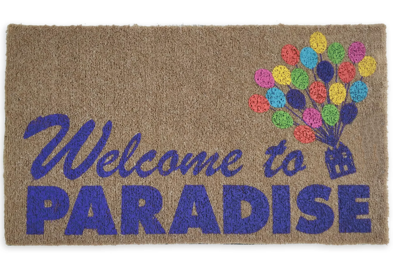 the mat with an illustration of the house from up and purple text that reads welcome to paradise 