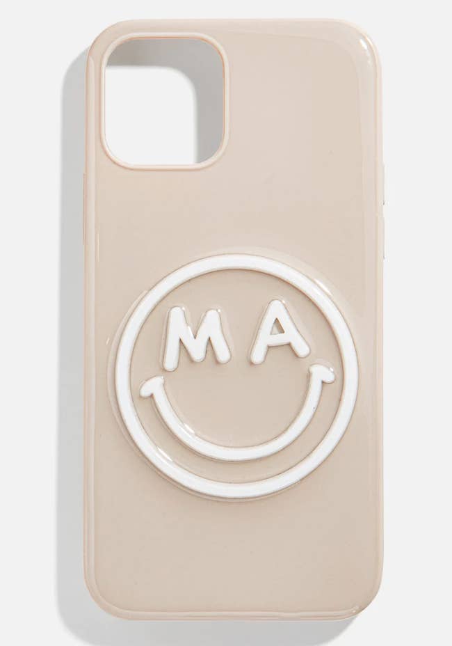 all smiles custom iphone case in beige with initials MA 